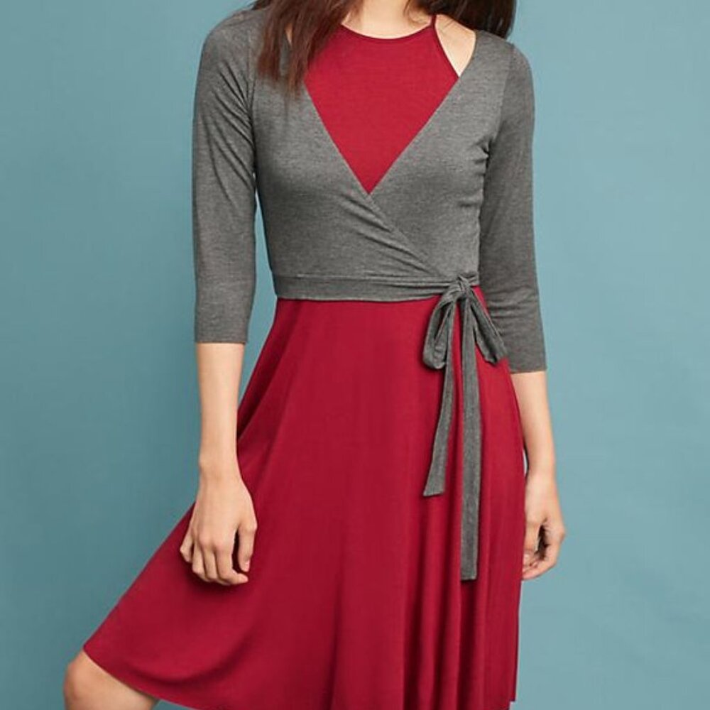 Anthropologie Red and Gray Wrap-Style Midi Dress